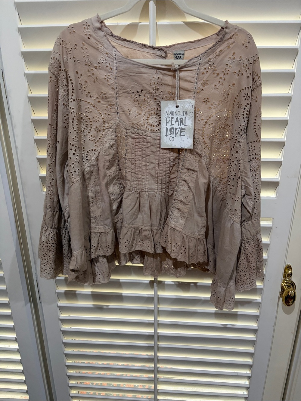 Magnolia Pearl Neutral Taupe Eyelet Ruffle Blouse.OSFM